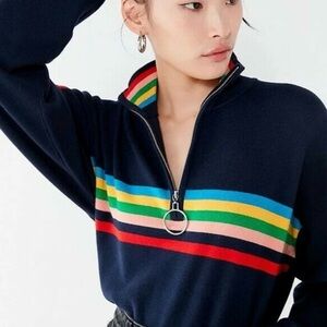 Urban Outfitters Women's Molly Half Zip Navy Blue Rainbow Strip Sweater Sz M